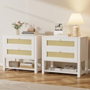 双装白色床头柜（含2个藤编抽屉+开放式储物层） 50%OFF