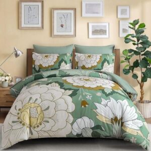 DJY 7 件雅丝绿花卉图案女王款舒适床品套装，植物图案收纳袋式床品  50%OFF