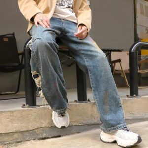 复古风水洗牛仔长裤（破洞/宽松直筒） 50%OFF