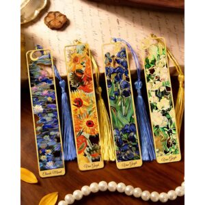 HOMTEK 4件套金属书签带流苏，金空心书签梵高莫奈油画主题记号笔  -75%