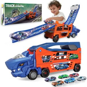 Dinosaur Truck Toys for Kids 3-5 - Transporter Carrier Truck with 6 Die-Cast Cars Toys, 3 in 1 Truck with 2 Foldable Race Tracks, Christmas Birthday Gifts Toys for 3 4 5 6 Years Old Boys(Blaze Red)  -45%