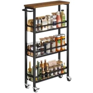 配有轮子的皮皮希尔精简式储物推车 - 4 层可滚动的厨房储物推车，带有把手和木质顶面 50%OFF