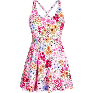 HUAKARY 连体泳衣女款腹部控制可调节肩带带口袋的花纹泳裙，彩色花卉大号 -50%