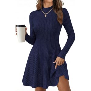 KIRUNDO 女装毛衣连衣裙 2026 春秋长袖仿高领 A 线版合身喇叭罗纹短裙（藏青色，X小码） -60%
