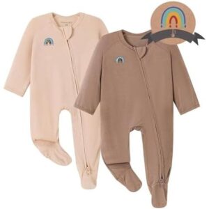 Momcozy男女宝宝竹纤维双拉链连体睡衣（0-3个月，粉灰棕2件套） 58%OFF