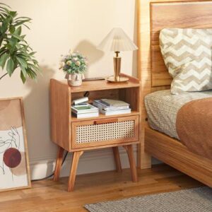 实木腿藤编带抽屉充电床头柜 50%OFF