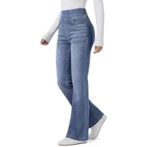 女性 时尚有弹性的喇叭形宽松高腰阔腿牛仔  50%OFF