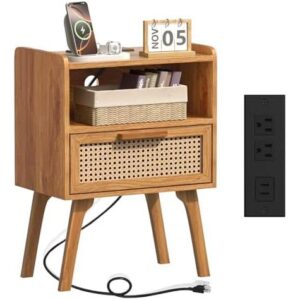 实木腿藤编带抽屉充电床头柜 50%OFF