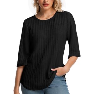 MAGICATELIER 女士秋季毛衣 3/4袖宽松束腰上衣圆领 休闲休闲 2026 黑色-73%