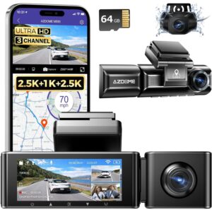 AZDOME M550 3 Channel Dash Cam, 4K+2.5K Front and Rear, 2.5K+1080P+2.5K Front Rear Inside Triple Car Camera Built-in WiFi GPS, 64GB Card Included, 3.19" Screen, WDR IR Night Vision, 24H Parking Mode  -50%