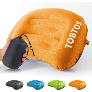 TOBTOS 充气露营枕，超轻背包枕，颈部和腰部人体工学支撑，旅行用充气，远足，户外（橙色）-50%