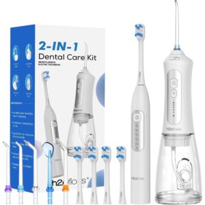 H2ofloss Sonic Electric Toothbrush and Water Flosser Combo, Rechargeable 2000mAh Toothbrush and 2500mAh Oral Irrigator with 300ml Tank, 4 Brush Heads, 5 Nozzles, 2 in 1 for Home and Travel (White)  -50%