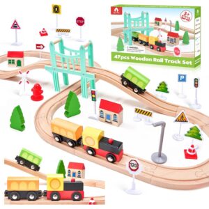 47Pcs Wooden Train Set for Toddlers, Wooden Train Track - Expandable and Changeable, Safe Educational Train Toys Gift for Boys & Girls Kids Ages 3-5 4-8, Compatible with All Major Brands  -40%