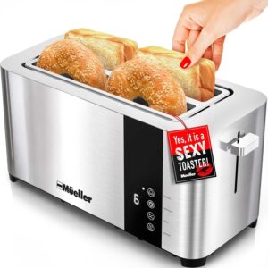 Mueller UltraToast Stainless Steel Toaster 4 Slice – Extra-Wide 1.6" Slots for Artisan Bread, Bagels & Frozen Waffles, 6 Browning Levels, LED Display, Cancel/Defrost/Reheat, Removable Crumb Tray  -41%