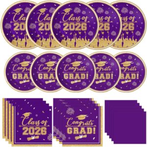 Graduation Plates and Napkins 2026 Graduation Party Supplies, Class of 2026 Congrats Grad Disposable Paper Plates Cocktail Napkins Set for Purple Gold 2026 Graduations Party Decorations Sets, Serve 50 -54%