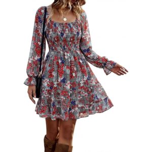 BTFBM Womens Long Sleeve Dress Summer Vacation Square Neck Smocked Floral Mini Boho Spring Wedding Guest Dresses 2026(Print Flower Red, Medium) -50%