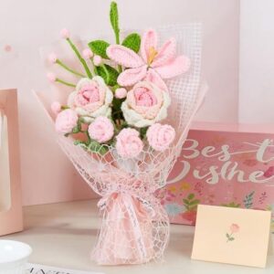 手工钩针编织花束(粉色/毛线玫瑰/永不凋谢) 52%OFF