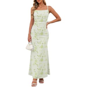 Zelroxa Women Sleeveless Spaghetti Strap Maxi Dress Casual Ruched Bodycon Vacation Beach Sundress Floral Wedding Cocktail Backless Pastel Bandage Boho Long Summer Slip Dresses Green -53%