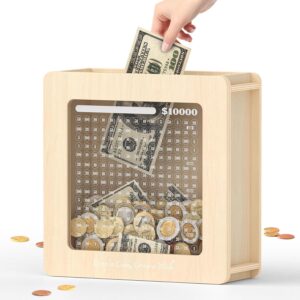 Summidate Wooden Money Saving Box, 10000 Challenge Cash Vault Savings Box with Tracker Stickers and Removable Windows, Reusable Piggy Bank for Adults & Kids, Birthday/Baby Shower/Wedding Gift -40%