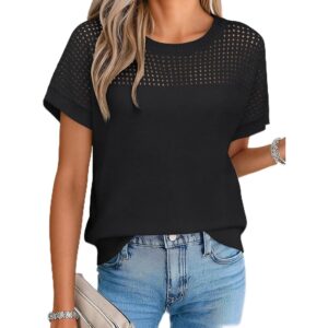Womens Spring Crochet Knit Tops Lightweight Summer Short Sleeve Sweater Cap Sleeve T Shirts Blouses Black, XXL -50%