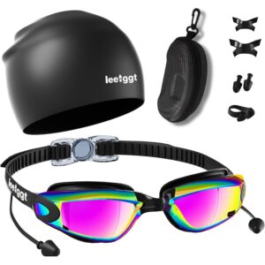 LEEIGGT Swim Goggles+Swim Cap, No Leak Anti-Fog & UV，Swimming Goggles Full Protection Adult Men Women Youth（6 in 1） -50%