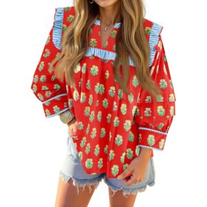 Tankaneo Womens Floral Babydoll Blouse Puff Sleeve Peplum Tops Casual Ruffle V Neck Flowy Boho Cute Shirts Red -64%