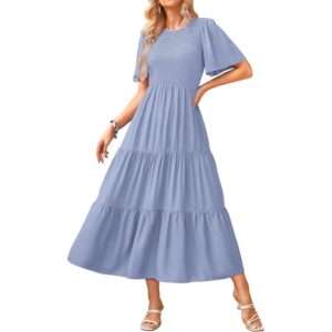 KIRUNDO Casual Summer Dresses for Women 2026 Flutter Short Sleeve Midi Dress Smocked Modest Church A Line Flowy Ruffle Tiered Dress Resort Wear(Large, Light Blue) -53%