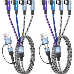 Travel Essentials 90 Degree Multi Charging Cable, 5FT 2Pack Nylon USB A/C Cord Right Angle 4 in 2 Charging Cable, USB Cable Charger Cord with Dual Type -C/Micro/L Port for iPhone 17 16 Galaxy S25 iPad -50%