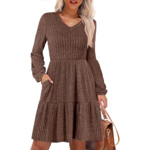 ANRABESS Women's Long Lantern Sleeve Ribbed Knit Dresses V Neck Casual 2026 Fall Winter Flowy Swing Tunic Sweater Short Dress Brown Medium -64%