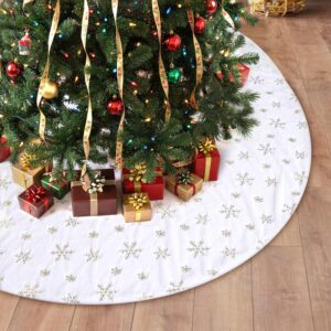 72 Inches Christmas Tree Skirt for Xmas Tree Holiday Party Decorations White Plush Gold Sequin Snowflake -50%