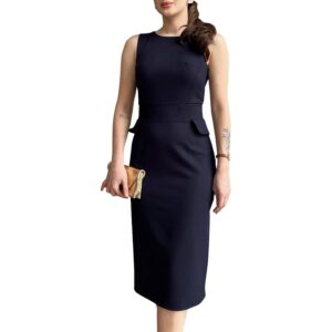 Women's Crew Neck Elegant Sleeveless Midi Bodycon Dress Work Cocktail Pencil Dresses Dark Blue -50%