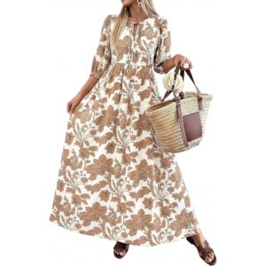 KIRUNDO Summer Dresses for Women 2026 Spring Wedding Guest Boho Floral 3/4 Sleeve Beach Vacation Cruise Flowy Maxi Dress(Khaki, Small) -62%