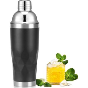 Insulated Cocktail Shaker Black -20oz Double Wall Vacuum Stainless Steel Martini Shaker with Built-in Strainer, Pro Leak-Proof Weighted Shaker for Home Bar, Premium Bar Gift Set  -50%