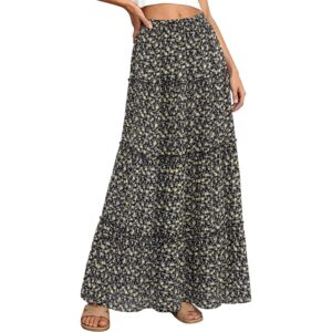 BTFBM Floral Maxi Skirts for Women Summer Spring 2026 Elastic Waist Tiered Flowy Beach Vacation Outfits Boho Long Skirt(Floral Black Yellow, Large) -53%