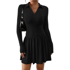 NALANISA Women's Long Sleeve Dress 2025 Fall Casual Lapel Collar V Neck Knit A Line Pleated Swing Cocktail Party Mini Dresses (Black,XS) -35%