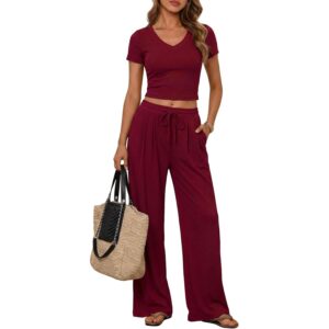 PRETTYGARDEN 2 Piece Sets for Women Summer 2026 Spring Lounge Set Matching V Neck Tops Wide Legs Pants Airport Travel Outfits (Wine Red,Large) -53%