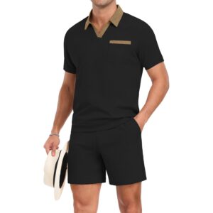 PrinStory Men's Summer Track Suits Waffle Knit Polo Shirt and Shorts Set Casual 2 Pieces Outfits with Pockets Black-M -45%