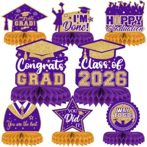 8 Pieces Class of 2026 Graduation Table Decorations - 2026 Congrats Grad Honeycomb Centerpieces, Graduations Table Toppers Decor for 2026 Graduation Party Decorations Favor Supplies, Purple and Gold -50%