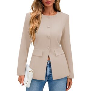 Lazysmile Blazers for Women Long Sleeve Crewneck Button Down Suit Jackets Work Office Business Casual Outfits with Pockets Khaki -50%