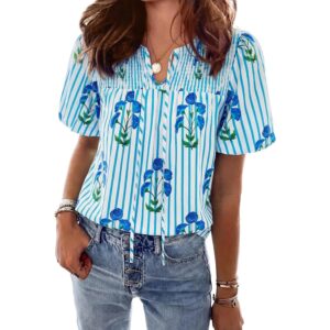 KIRUNDO Boho Tops for Women Summer 2026 Dressy Floral Blouse V Neck Drawstring Short Sleeve Shirts Beach Vacation Clothes(Striped White Blue, X-Large) -52%