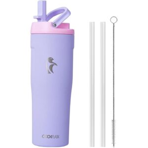 Coolflask Water Bottle 32 oz Fits Car Cup Holder, Slim Tumbler Stainless Steel with Straw & Handle, Vacuum Flask Leakproof Wide Mouth for Travel Sports Gym, Lavender -48%