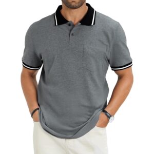 LuxMania Men's Casual Short Sleeve Polo Shirts Classic Button Summer Collared Golf Top T-Shirt with Pocket Grey M -40%