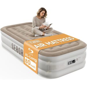 Sebor Air Mattress with Built-in Pump, Comfortable Self-Inflating Air Mattress with High-Speed Pump, Durable Blow Up Mattress Twin with Storage Bag for Guest, Camping (Khaki White, 18" Twin XL) -40%