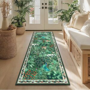 Yamaziot Hallway Runner Rug 2x6 – Jungle Animal Print Linen Rug with Non Slip Backing, Low Pile Washable Distressed Boho Carpet for Indoor Outdoor Rug, Kitchen, Bedroom, Entrance, Forest Green -50%