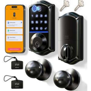 Veise VE017-K Fingerprint Smart Lock with 2 Knobs, App Control, Keyless Entry Front Door Lock Set, Electronic Touchscreen Keypad Deadbolt, Emergency Power Port, Easy Install, Auto-Lock, Matte Black -53%