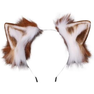 VIGVAN KYC 动物耳朵 可爱毛绒猫耳朵发夹 头饰 万圣节 Cosplay（棕白发带）-50%