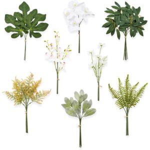 TINGE TIME Artificial Greenery Stems Box Set, 46pcs with 8 Kinds Faux Silk Greenery and Fake Orchid Flowers Bulk for Wedding DIY Bouquets, Bridal Floral Arrangements, Table Centerpieces and Home Decor -75%