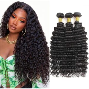 Deep Wave Human Hair Bundles 1B Natural Black 8 10 12 Inch 12A Brazilian Virgin Remy Hair Extensions 3 Bundles Full Curly Weave for Black Women -50%