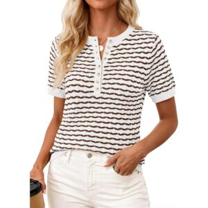 PRETTYGARDEN Womens Knit Summer Tops Button Short Sleeve Sweater Casual Crewneck Chevron Henley Shirts Dressy Work Blouses(Brown White,Small) -62%