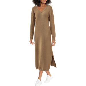 BTFBM Womens Fall Fashion 2025 Sweater Dress Casual V Neck Long Sleeve Slit Knit Oversized Sweaters Winter Maxi Dresses(Dark Khaki, Large) -50%